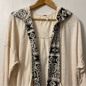 Free People Long Hood Aztec Trim Cardigan Hooded Pockets White Black Cre…
